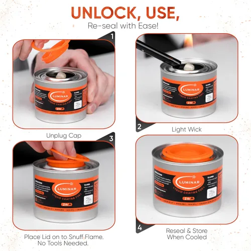 Vista 3 de Latas de combustible para chafing con mecha resellable Luminar, paquete de 24, 2 horas - Quemadores de calidad premium para calentadores