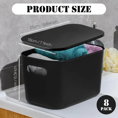 Vista 2 de Hoolerry 8 contenedores de almacenamiento coloridos con tapa, cesta de almacenamiento de plástico, contenedor organizador apilable con asa para Negro