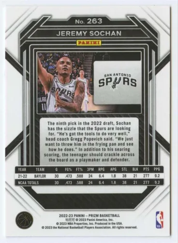 Vista 2 de Cartas coleccionables de baloncesto Panini Prizm #263 Jeremy Sochan RC Rookie San Antonio Spurs NBA 2022-23