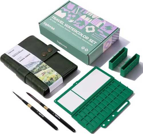 Vista 12 de Travel Watercolor Sketchbook Set - 6.7x3.9 in 100% Cotton Cold Press 20 Sheets Binder Art Journal with 36-Well Empty Ceramic Paint Palette & 2