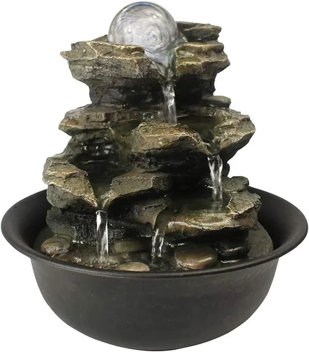 Vista 3 de Fuente de agua de mesa xpiyaer de 21 cm de alto con cascada de roca de 4 niveles y luz LED y bola giratoria - Cascada pequeña