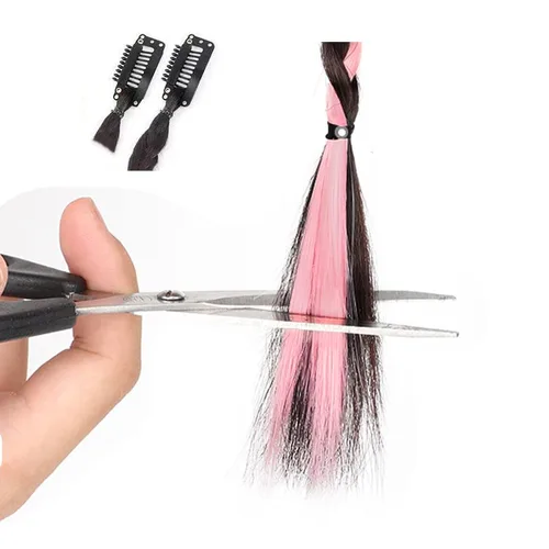Vista 6 de Peluca sintética de 18 pulgadas, trenzas largas con clip, extensiones de cabello mixto de color rosa, gris, azul, cola de caballo, para niñas