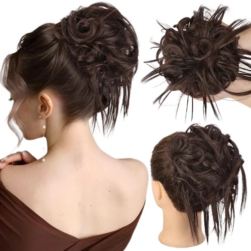 Vista 36 de HMD - Extensiones de cabello con chongo alborotado y coleta con banda elástica de goma, extensiones de cabello sintético para mujer, extensiones