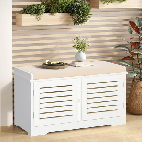 Vista 27 de MFSTUDIO Banco de almacenamiento de zapatos, banco de zapatos con armario de puerta de granero, 9 compartimentos abiertos, cojín de asiento