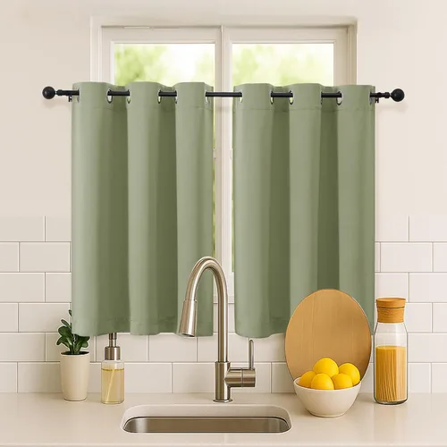Vista 132 de Simplebrand Juego de 2 paneles de cenefa aguamarina para ventana de cocina de 14 pulgadas de largo, cortinas de oscurecimiento de habitación