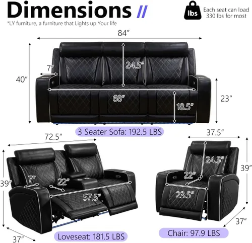Vista 2 de Sofá reclinable eléctrico de cuero, juegos de muebles de sala de estar, sofá reclinable individual con soporte para tazas/puerto de carga, muebles