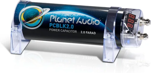 Planet Audio PCBLK2.0 Condensador de coche - 2 Farad, almacenamiento de energía, mejora los graves de estéreo, tonos de advertencia, medidor de