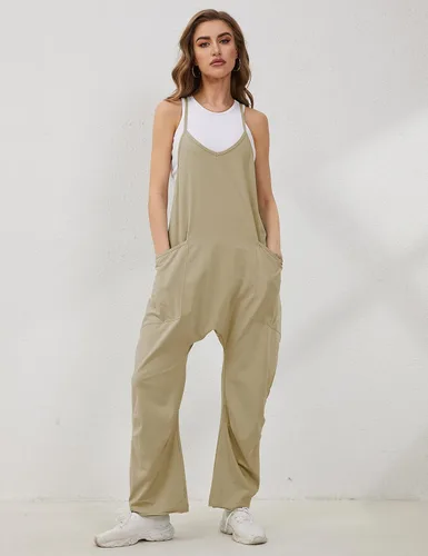 Vista 4 de Lentta Overol casual para mujer, con cuello en V, sin mangas, con tirantes elásticos y ajustables, con bolsillos
