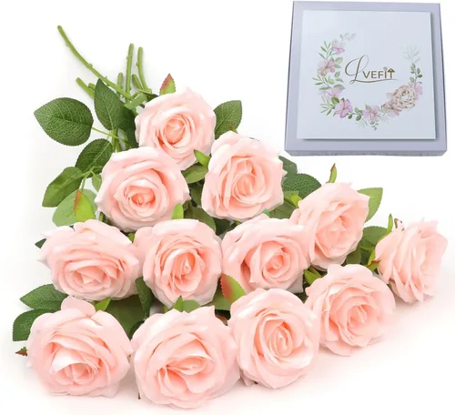 Vista 29 de LVEFIT Flores Artificiales de Rosa Rosas Polvorientas Flores de Seda 12 piezas con Rosas de Seda de Tallo Largo Ramo para Boda, Ducha Nupcial