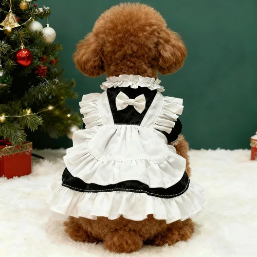 Vista 3 de Disfraz de sirvienta para mascotas, vestidos de princesa para gatos, perros, fiesta de cumpleaños, color negro y blanco, talla XS
