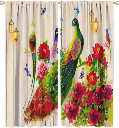 Vista 35 de Cortinas opacas de pavo real, hermoso patrón de estampado de flores de pavo real azul, estampado de mariposas y pavo real, juego de 2 paneles