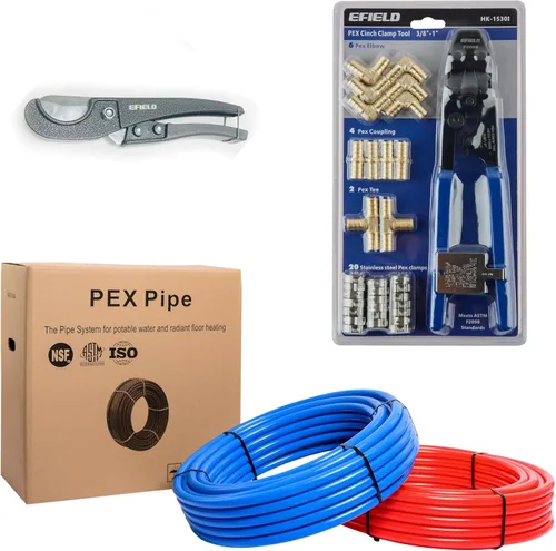 EFIELD Kit de instalación de plomería PEX de 1/2 pulgada: tubo Pex-b de 1/2 pulgada x 200 pies (rojo de 100 pies + azul de 100 pies), 12 accesorios