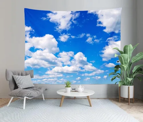 Vista 4 de BELECO Tapiz de cielo azul para colgar en la pared, decoración de pared de nubes blancas para dormitorio y sala de estar