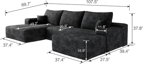 Vista 3 de 107in Modern Minimalist U Shaped Sectional Couches Sofa with Ottoman, Modular Couch Plush Corduroy Fabric Deep Seat Corner Cloud Couch for Living