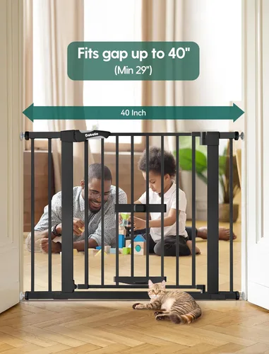 Vista 7 de BABELIO Nueva Versión Puerta de Bebé con Puerta para Gatos Ajustable, Puerta de Mascotas de Metal de 29-40" para Escaleras y Puertas, Montaje a Negro