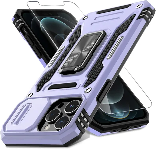 Vista 10 de DEERLAMN Funda para iPhone 13 Pro Max con cubierta deslizante para cámara + protector de pantalla (1 unidad), anillo giratorio con soporte de grado