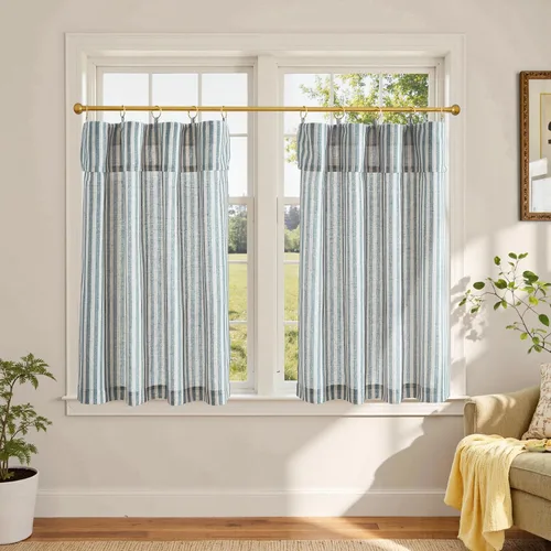 Vista 70 de jinchan - Cortinas de lino a rayas para cocina de 20 pulgadas de largo, cortinas de varios niveles, estilo granja moderna de café, tratamientos