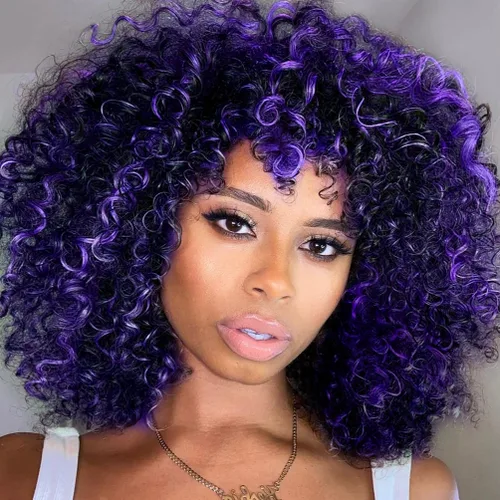 Vista 9 de YEAME Pelucas rizadas para mujeres negras, peluca rizada afro con flequillo, negro natural, resistente al calor, peluca completa de 15 pulgadas #1B