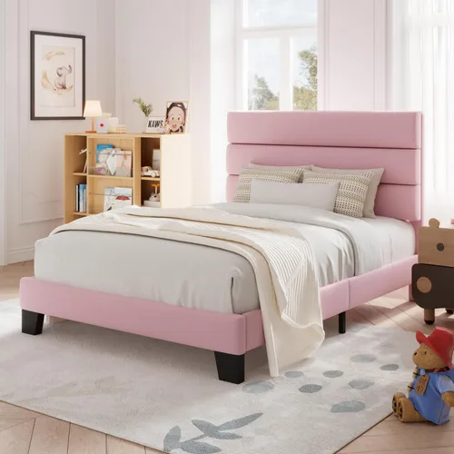 Vista 78 de Allewie - Base de cama tamaño King con cabecera tapizada en tela y soporte de listones de madera; base de colchón completamente tapizada; no Azul