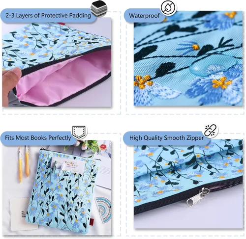 Vista 4 de LParkin Funda para libro con bordado de margaritas con cremallera para lectores, funda protectora de regalo para amantes de los libros, tela lavable