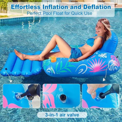 Vista 5 de JOSEN Inflatable Pool Lounger Float, Heavy Duty Pool Floats for Adults with Innovative Footrest&Cup Holders, Pool Chair for Swimming Pool, River