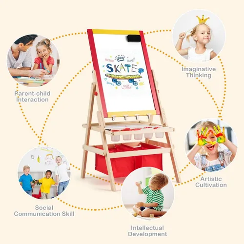 Vista 8 de HONEY JOY Caballete para niños, caballete de madera de doble cara con pizarra magnética y pizarra blanca, rollo de papel, accesorios de pintura