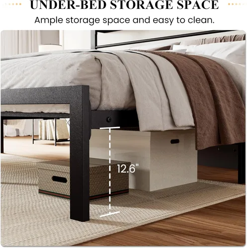 Vista 13 de SHA CERLIN Base de cama tamaño King con estante de cabecera y base de metal resistente, no necesita somier, color marrón