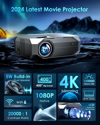 Vista 2 de YOWHICK Proyector 4K con WiFi y Bluetooth, 12000L Native 1080P Proyector de película portátil para exteriores, proyector de video inteligente, 50%