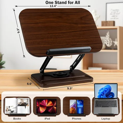 Vista 4 de Soporte para libros con luz y almacenamiento, soportes para libros para leer manos libres, soporte de madera para libros de cocina con altura