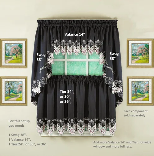 Vista 6 de Today's Curtain Verona cenefa bordada inversa, 14 pulgadas, negro/rosa, 60 pulgadas de ancho x 14 pulgadas de largo