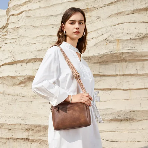 Vista 2 de BOSTANTEN Bolso cruzado pequeño para mujer, con triple cremallera, de cuero, con correa de hombro