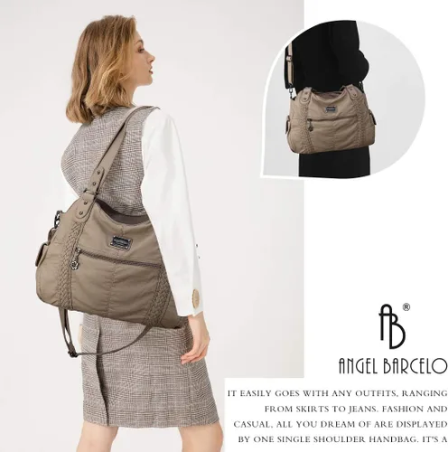 Vista 113 de Angel Barcelo - Bolsa de hombro amplia para mujer, diseño Hobo, cuero lavado