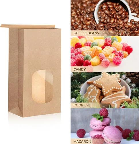 Vista 7 de 250 Pcs Bakery Bags with Window Small Kraft Paper 3.54 x 2.36 x 6.7 Inch Cookie Treat Tin Tie Tab Lock Brown for Coffee Food Candy Gift Packaging