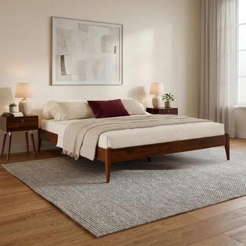 Vista 4 de Bme Dinkee - Marco de cama de plataforma Queen de madera de 15 pulgadas, marco de cama de madera maciza, estilo moderno y minimalista, soporte de 12