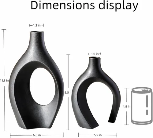 Vista 5 de Levvohd Juego de 2 Jarrones de Cerámica Negra XL para Decoración Moderna del Hogar, Jarrones Redondos Neutros Boho Donut de Hierba de las Pampas