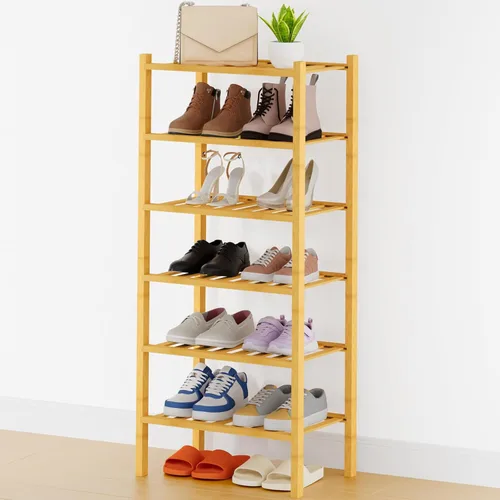 Vista 19 de Smiry Zapatero pequeño de bambú de 2 niveles, apilable, estante de almacenamiento de zapatos de madera para armario, entrada, entrada de puerta Negro