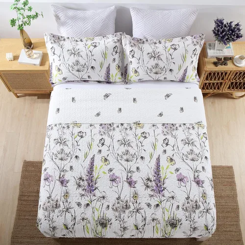 Vista 3 de Finlonte Juego de edredón floral tamaño Queen – Juego de ropa de cama y colcha ligera 100% algodón, colcha de cama matrimonial con 2 fundas