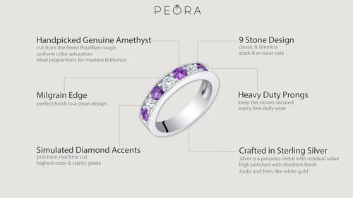 Vista 4 de PEORA Sterling Silver 4mm Milgrain Half-Eternity Anniversary Wedding Ring Band for Women, Various Gemstones, Comfort Fit, Sizes 5 to 9