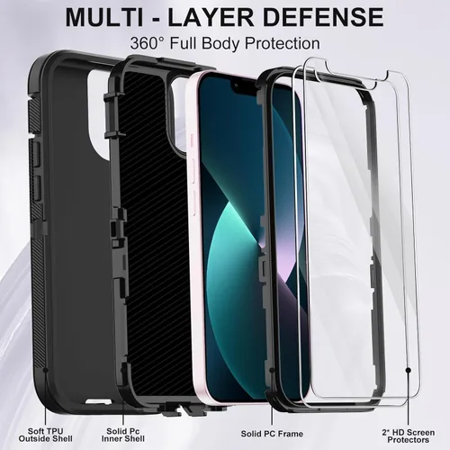 Vista 2 de Annymall Funda para iPhone 13 con 2 protectores de pantalla, protección contra caídas a prueba de golpes, cuerpo completo, resistente, 3 capas