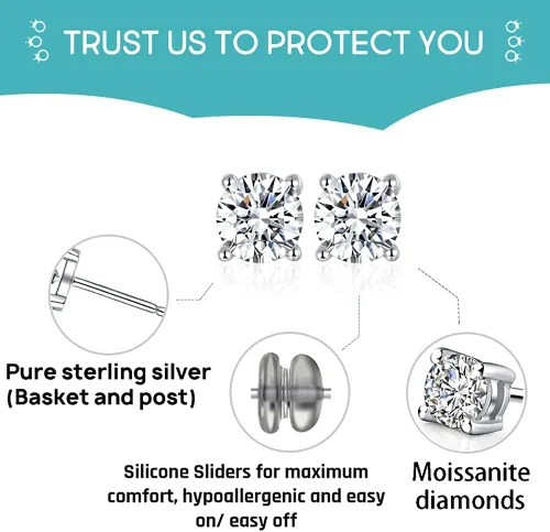 Vista 5 de Moissanite Stud Earrings Lab Created Diamond 18K White Gold Plated 925 Sterling Silver Earring Jewelry Gifts for Women Men