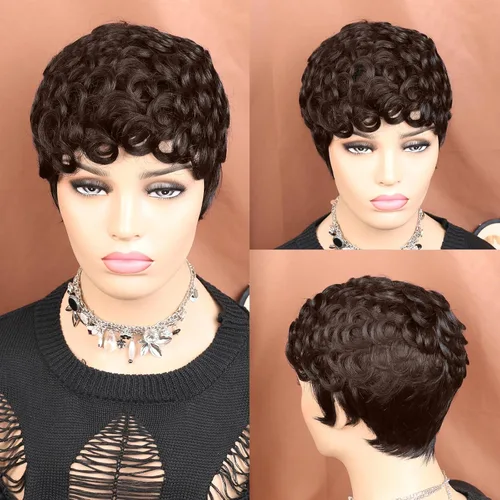 Vista 2 de VCK Pelucas cortas de cabello humano para mujer, peluca corta negra con flequillo, corte Pixie, pelucas naturales para mujeres negras, peluca