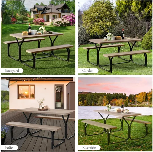 Vista 8 de Giantex - Juego de mesa y banco para picnic para todo tipo de climas, con base de metal, textura similar a la madera, para acampar al aire libre
