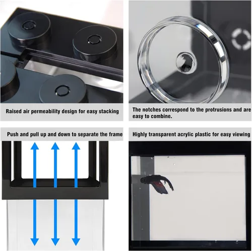 Vista 4 de Pequeña pecera Betta, mini acuario apilable con decoración de estrellas de mar y coral, tanque de peces cubo para alimentar bolas de musgo