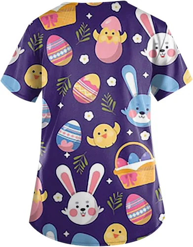 Vista 2 de Camiseta transpirable con cuello en V para mujer, túnica con estampado de Pascua, de manga corta para ocultar el vientre