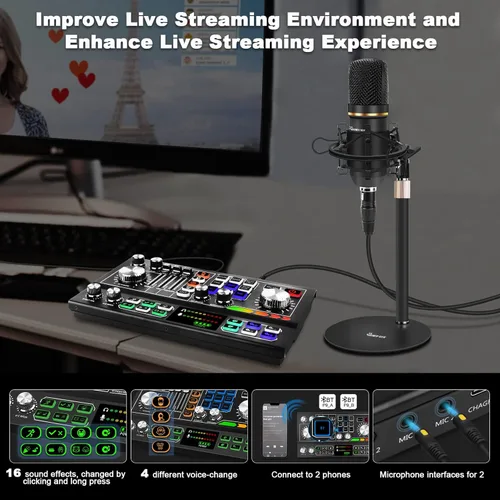 Vista 3 de Kit de equipo de podcast para 2, mezclador de audio con micrófono condensador e interfaz de audio con fuente de alimentación Phantom de 48V