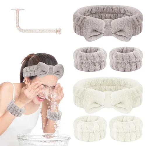 Vista 21 de CERETIA Juego de lavado facial – diadema, pulseras con soporte, toallas de muñeca de spa absorbentes de microfibra