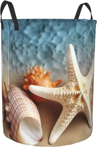 Vista 2 de Starfish Coral and Seashell print Circular Hamper Waterproof Storage Bin Organizer Basket Laundry Hamper With Handles For Clothes Toys Small
