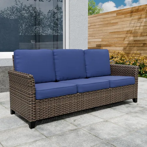Vista 10 de COOS BAY Harbor Retreat - Sofá para exteriores, sofá de ratán de 3 plazas con cojines, muebles de patio pequeños para balcón o terraza, marrón/beige