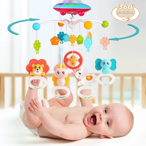 Vista 2 de VZO Cuna móvil con música y luces, móvil para cuna con control remoto, rotación, proyección de luz de estrellas, juguetes de cuna para bebés niños