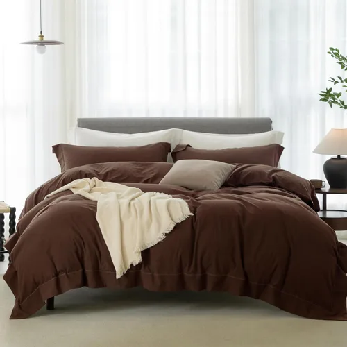 Vista 10 de Juego de funda de edredón individual de algodón lavado al 100% con textura de lino, ropa de cama ultra suave y fresca con cierre de cremallera